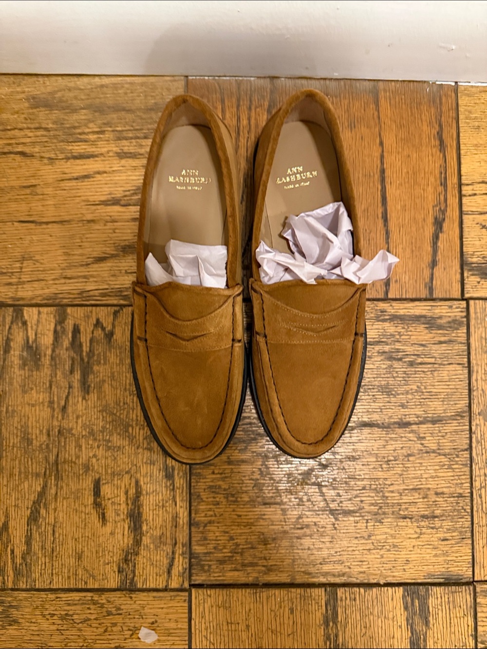 ANN MASHBURN Tan Suede Penny Loafers